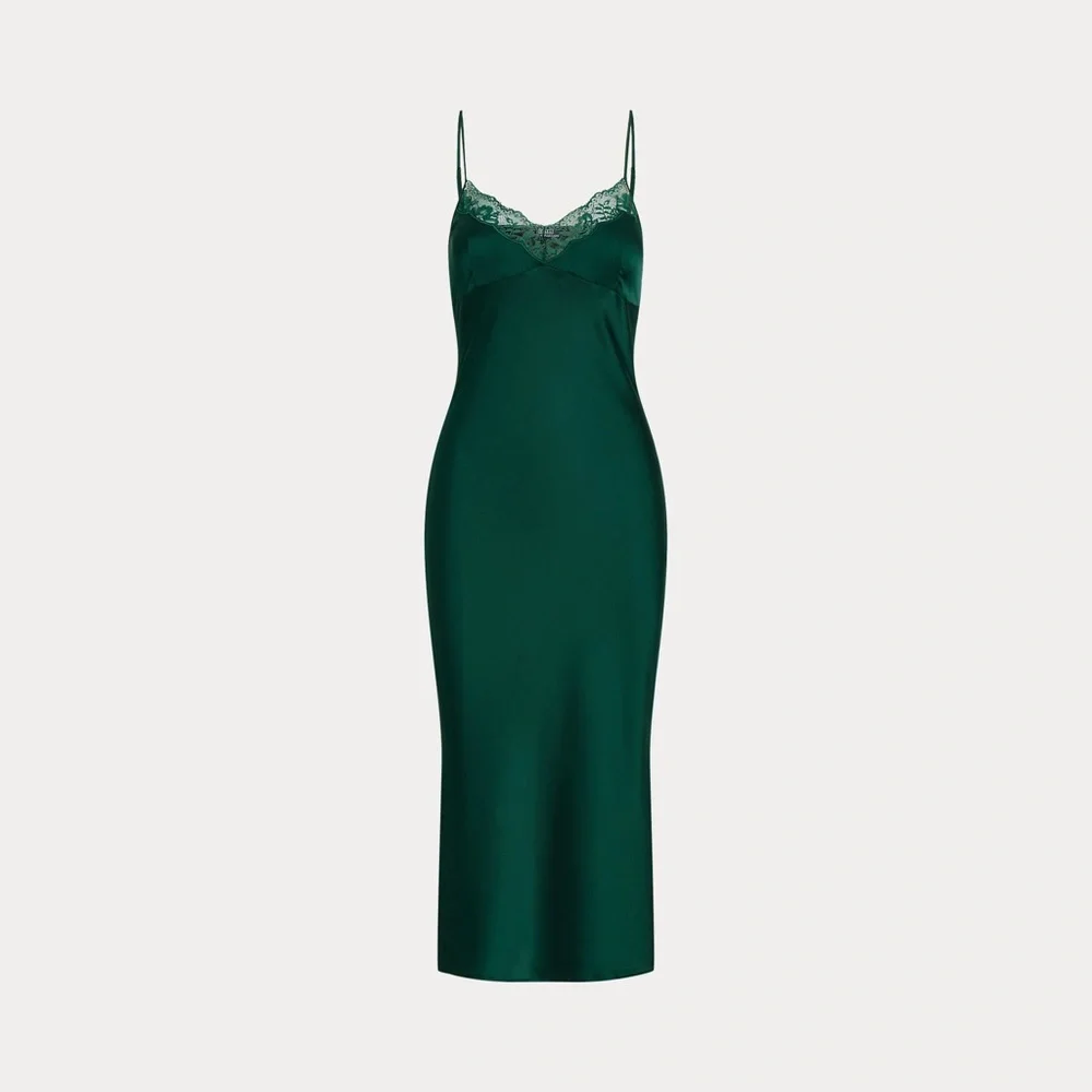 NWT Polo Ralph Lauren Lace-trim Silk Slip Dress in Green - Picture 5 of 5